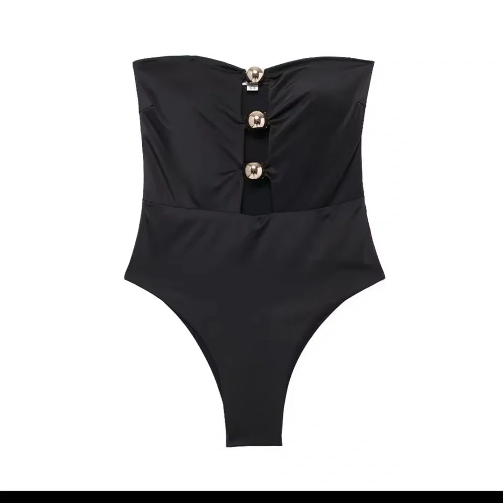 Swimsuit One Piece Back Bodycon Swimwear Black and gold rings Strapless Swimsuit - Picture 2 of 3